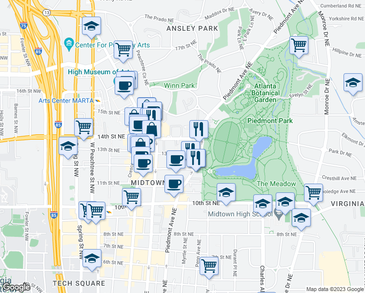 map of restaurants, bars, coffee shops, grocery stores, and more near 253 14th Street Northeast in Atlanta