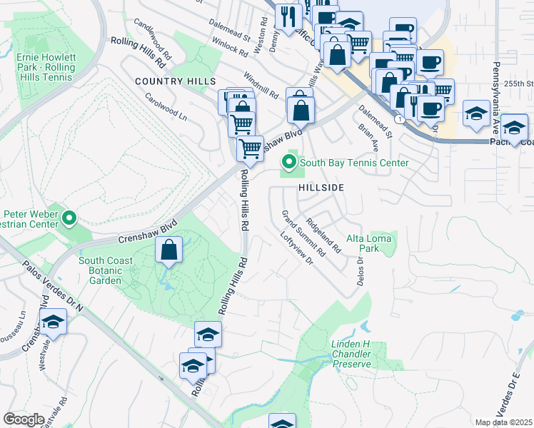 map of restaurants, bars, coffee shops, grocery stores, and more near 2734 Loftyview Drive in Torrance