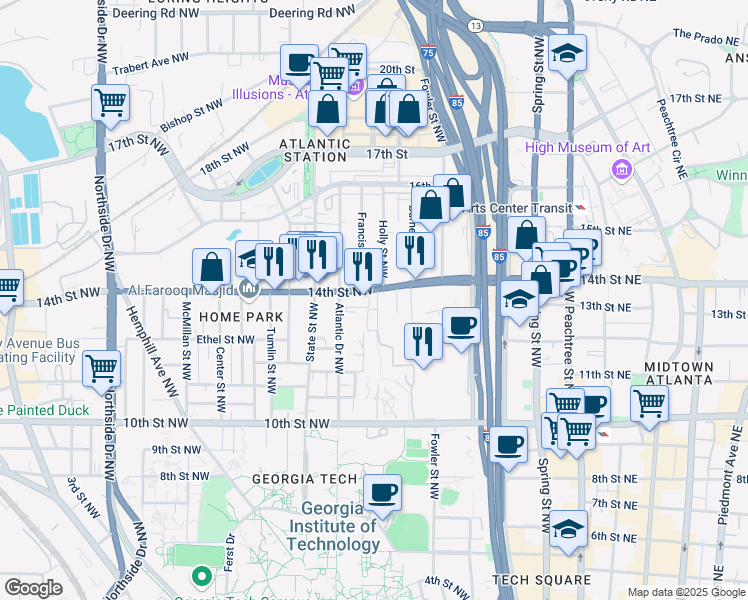 map of restaurants, bars, coffee shops, grocery stores, and more near 288 14th Street Northwest in Atlanta