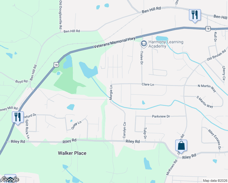 map of restaurants, bars, coffee shops, grocery stores, and more near 6964 Margie Lane in Lithia Springs