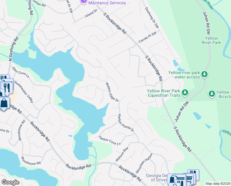 map of restaurants, bars, coffee shops, grocery stores, and more near 7469 Woodruff Way in Stone Mountain