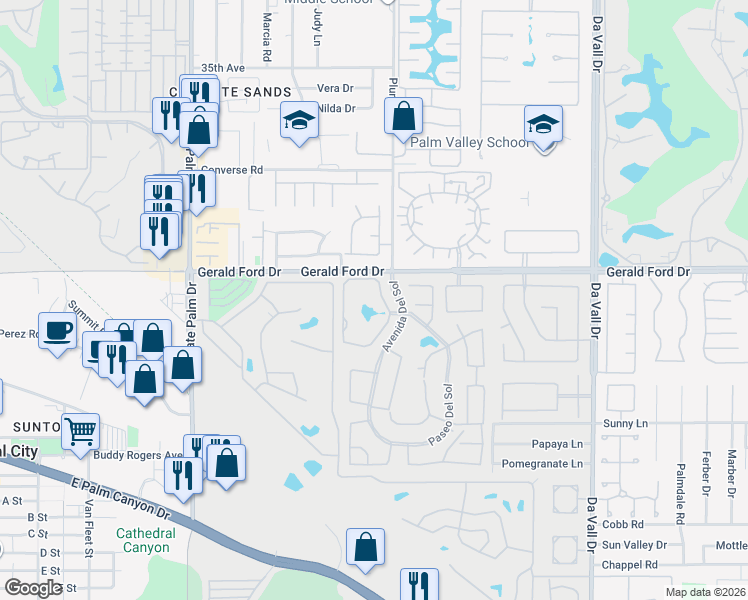 map of restaurants, bars, coffee shops, grocery stores, and more near 36095 Avenue De Las Montana in Cathedral City