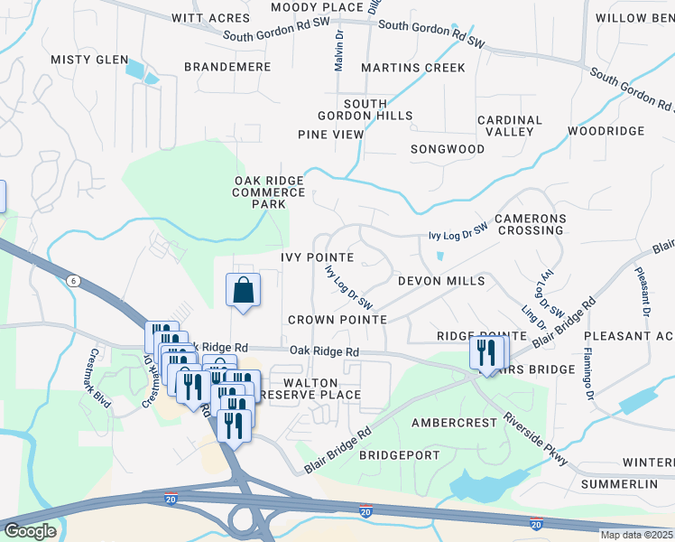 map of restaurants, bars, coffee shops, grocery stores, and more near 6652 Ivy Log Drive Southwest in Austell