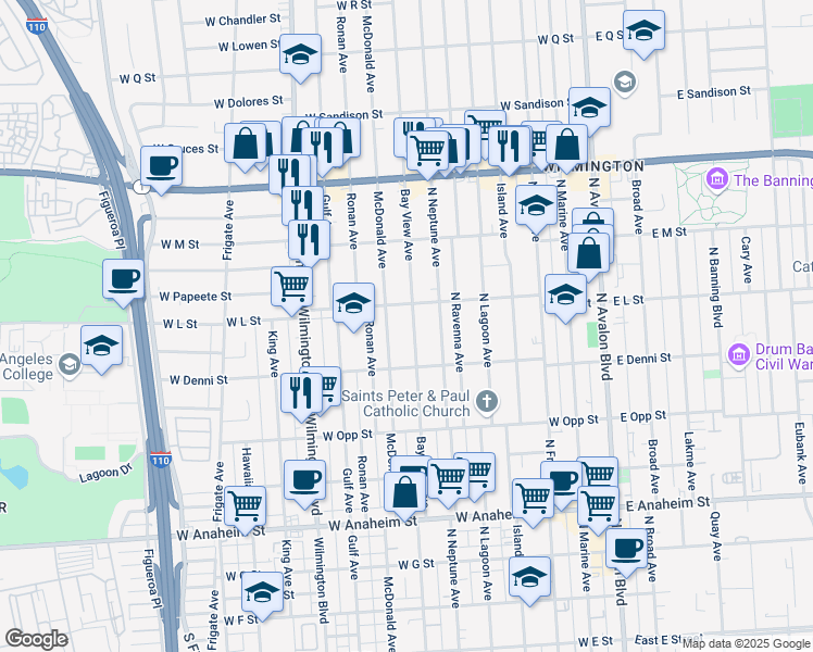 map of restaurants, bars, coffee shops, grocery stores, and more near 1147 Bay View Avenue in Los Angeles