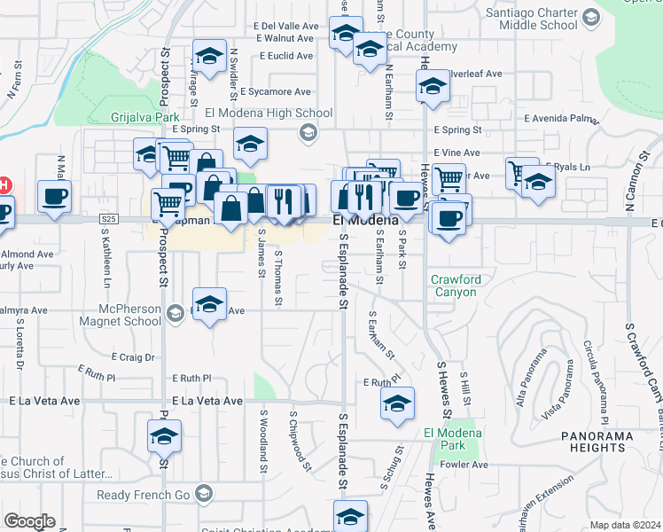 map of restaurants, bars, coffee shops, grocery stores, and more near 198 South Esplanade Street in Orange