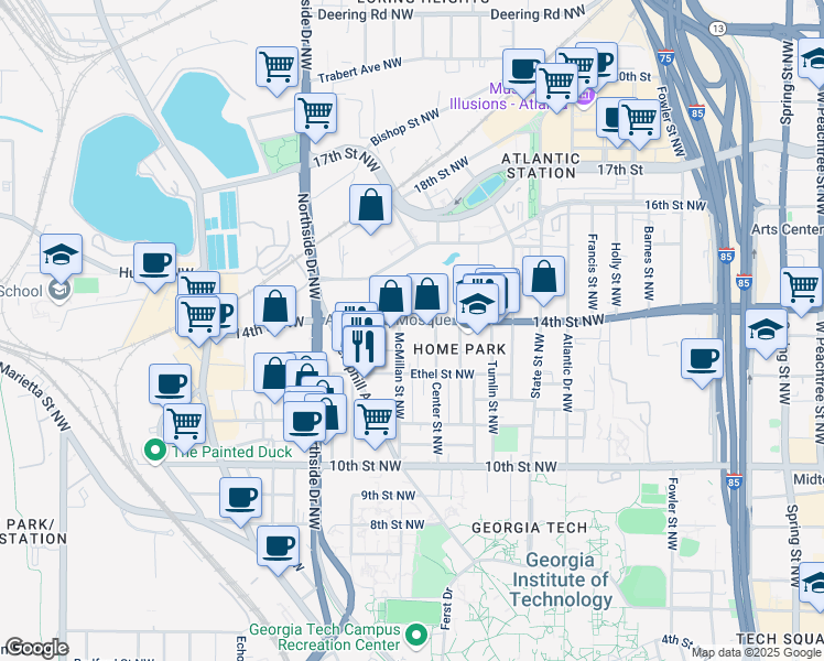 map of restaurants, bars, coffee shops, grocery stores, and more near 500 14th Street Northwest in Atlanta