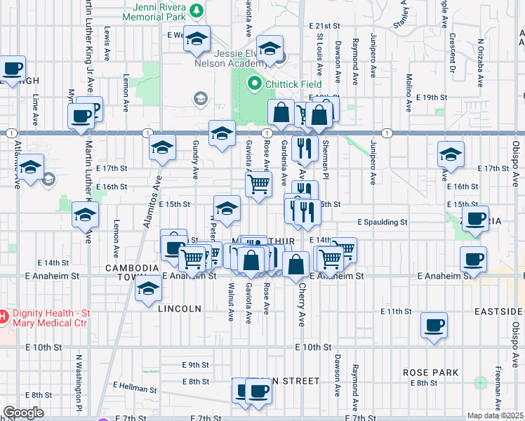 map of restaurants, bars, coffee shops, grocery stores, and more near 1483 Rose Ave in Long Beach