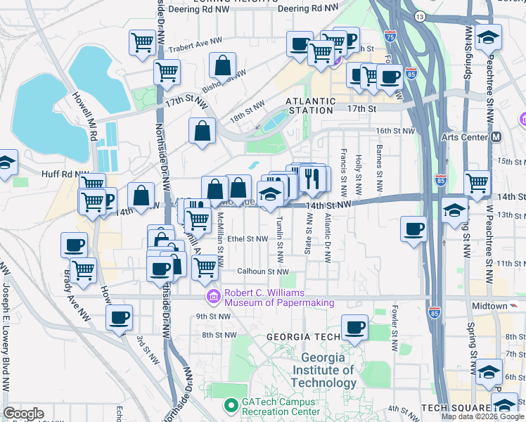 map of restaurants, bars, coffee shops, grocery stores, and more near in Atlanta