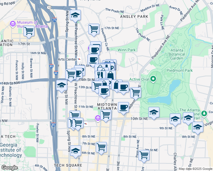 map of restaurants, bars, coffee shops, grocery stores, and more near 1150 Peachtree Street Northeast in Atlanta