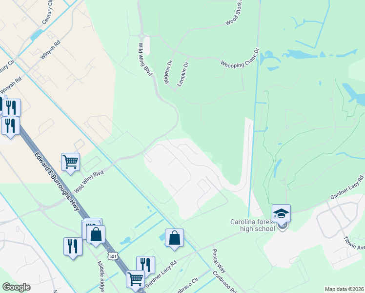 map of restaurants, bars, coffee shops, grocery stores, and more near 2608 Willet Cove in Conway