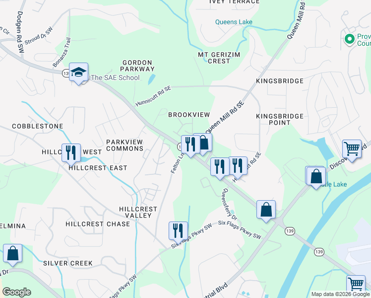 map of restaurants, bars, coffee shops, grocery stores, and more near Mableton Pkwy SE & Felton Ln in Mableton