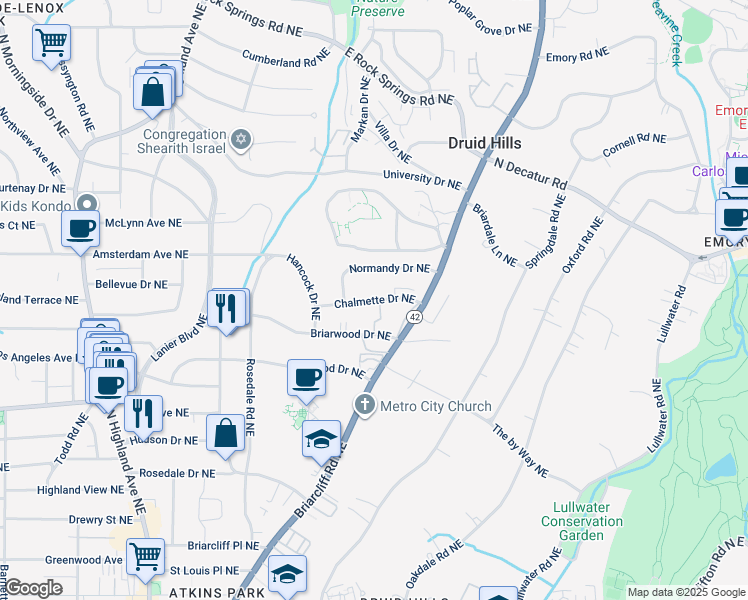 map of restaurants, bars, coffee shops, grocery stores, and more near Chalmette Drive Northeast in Atlanta