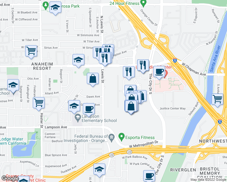 map of restaurants, bars, coffee shops, grocery stores, and more near 220 City Boulevard West in Orange
