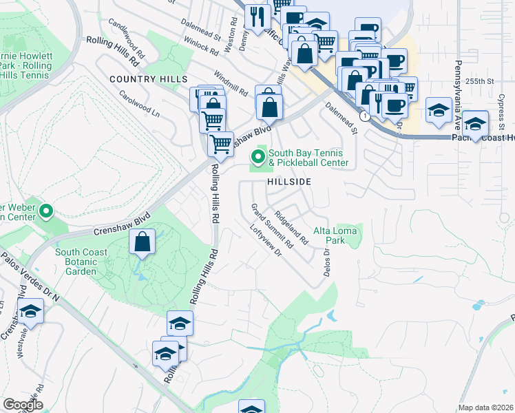 map of restaurants, bars, coffee shops, grocery stores, and more near 2715 Grand Summit Road in Torrance