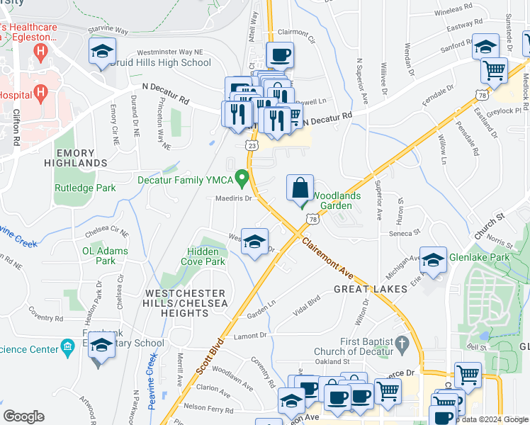 map of restaurants, bars, coffee shops, grocery stores, and more near 1010 Clairemont Avenue in Decatur
