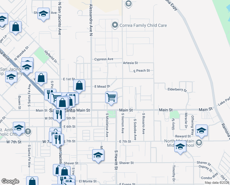 map of restaurants, bars, coffee shops, grocery stores, and more near 548 East 2nd Street in San Jacinto