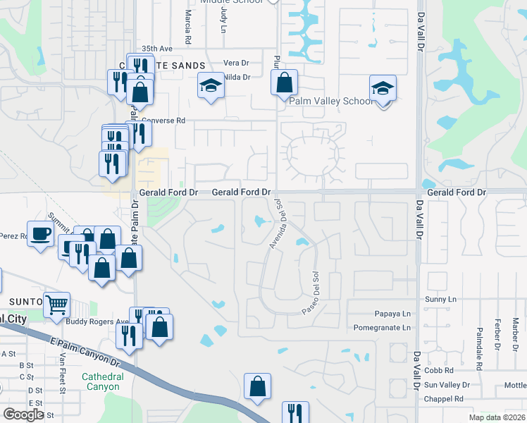 map of restaurants, bars, coffee shops, grocery stores, and more near 36095 Avenue De Las Montana in Cathedral City