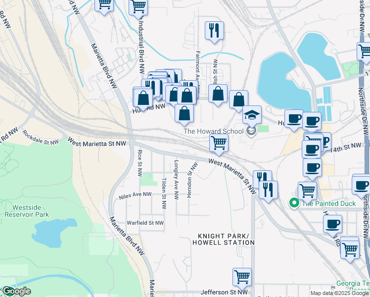 map of restaurants, bars, coffee shops, grocery stores, and more near 1079 West Marietta Street Northwest in Atlanta