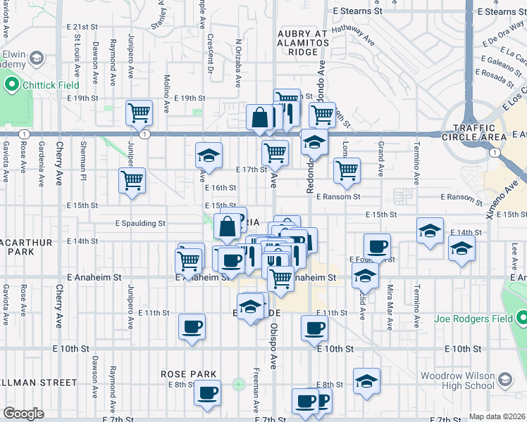map of restaurants, bars, coffee shops, grocery stores, and more near 1485 Obispo Avenue in Long Beach
