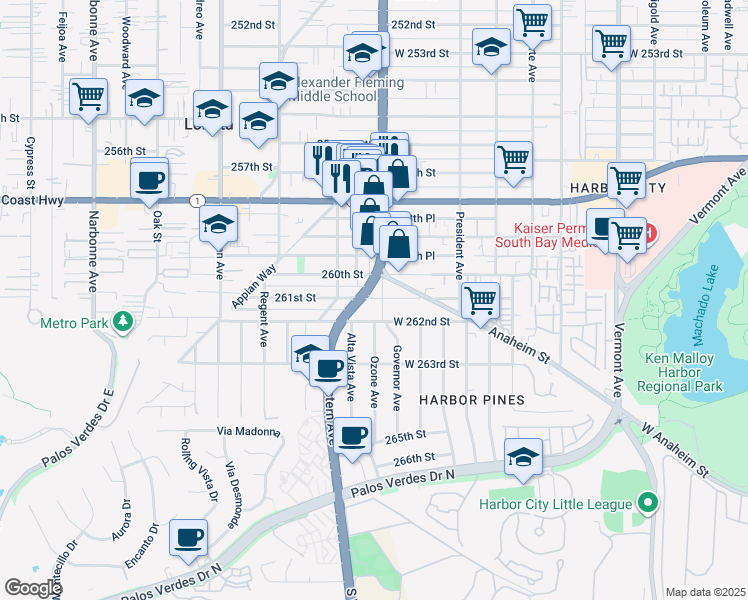 map of restaurants, bars, coffee shops, grocery stores, and more near 1710 West 261st Street in Los Angeles