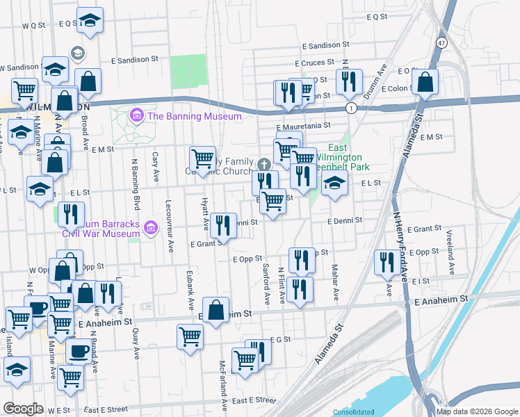 map of restaurants, bars, coffee shops, grocery stores, and more near 1123 Sanford Avenue in Los Angeles