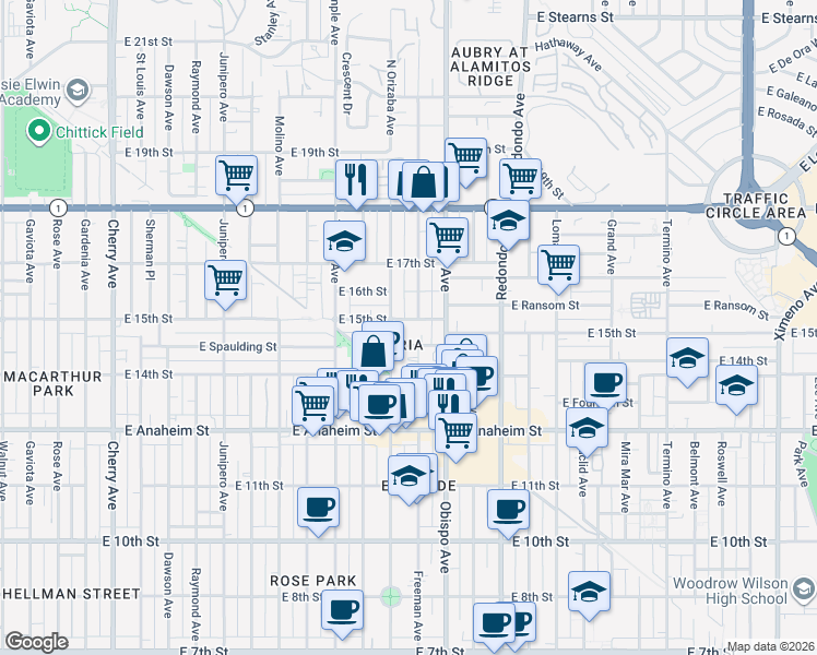 map of restaurants, bars, coffee shops, grocery stores, and more near in Long Beach