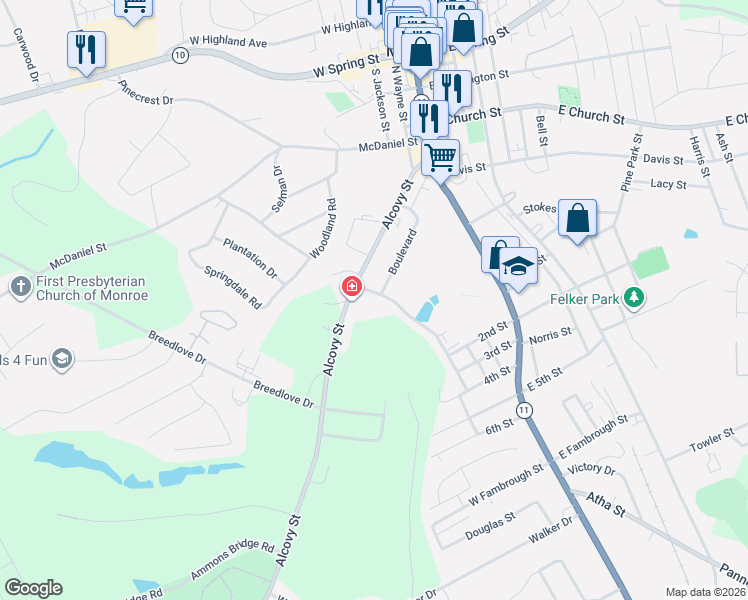 map of restaurants, bars, coffee shops, grocery stores, and more near 401 Barrett Street in Monroe