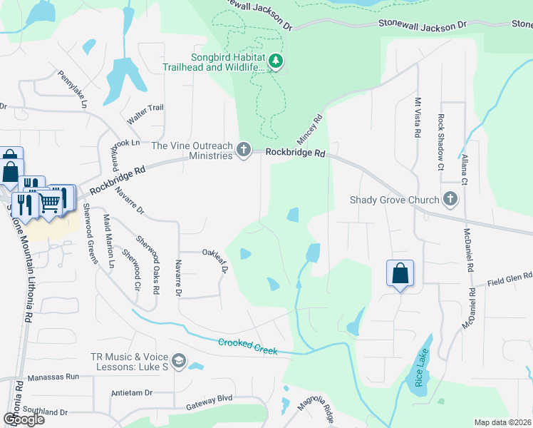 map of restaurants, bars, coffee shops, grocery stores, and more near 382 Valley Lake Drive in Stone Mountain