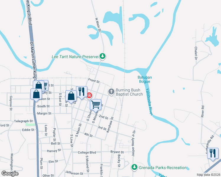 map of restaurants, bars, coffee shops, grocery stores, and more near 1551 North Levee Street in Grenada