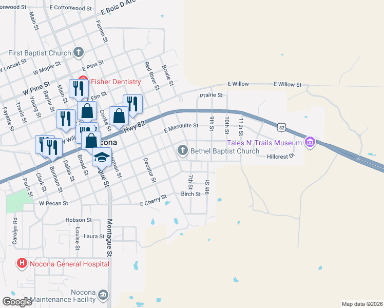 map of restaurants, bars, coffee shops, grocery stores, and more near 308 7th Street in Nocona