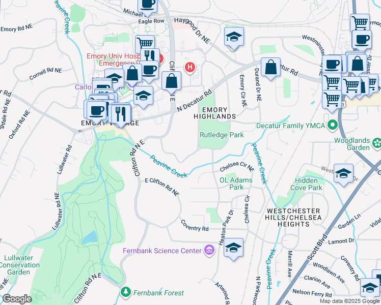map of restaurants, bars, coffee shops, grocery stores, and more near 1714 Ridgewood Drive Northeast in Atlanta