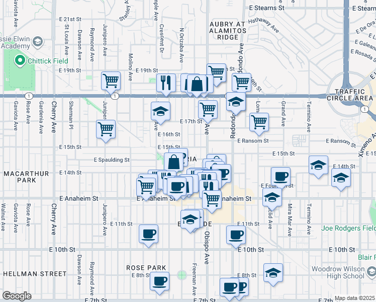 map of restaurants, bars, coffee shops, grocery stores, and more near 3022 East 15th Street in Long Beach