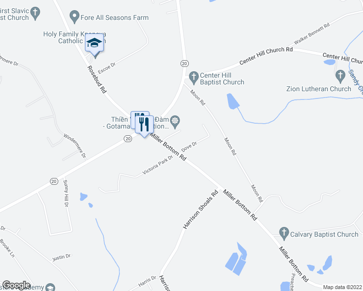 map of restaurants, bars, coffee shops, grocery stores, and more near 6451 Dove Drive in Loganville