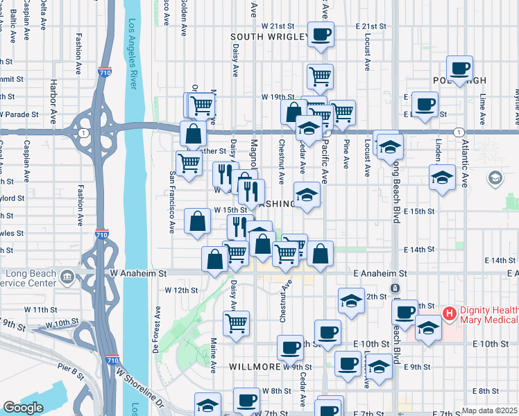 map of restaurants, bars, coffee shops, grocery stores, and more near 1478 Henderson Avenue in Long Beach