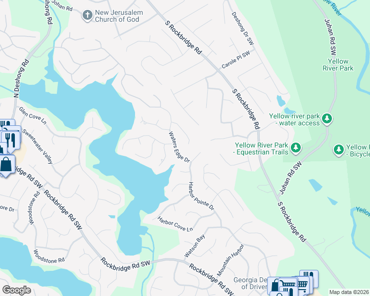 map of restaurants, bars, coffee shops, grocery stores, and more near 7469 Woodruff Way in Stone Mountain
