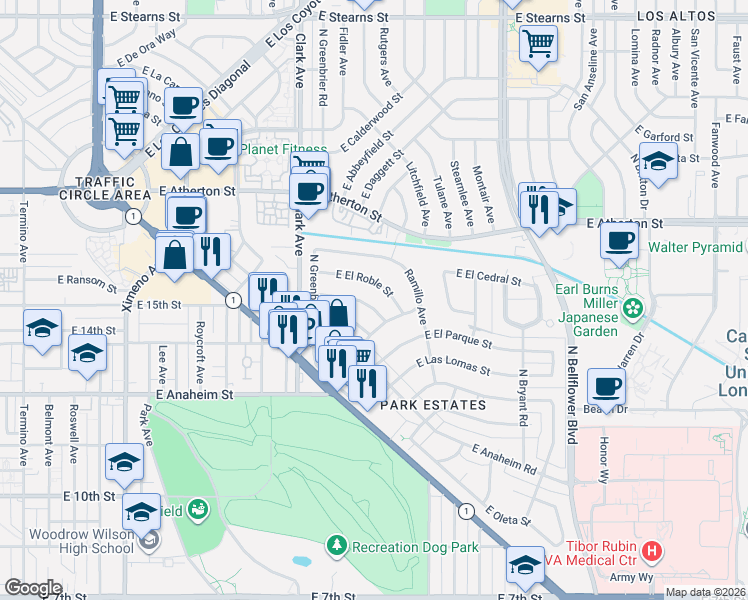 map of restaurants, bars, coffee shops, grocery stores, and more near 5241 East Los Flores Street in Long Beach