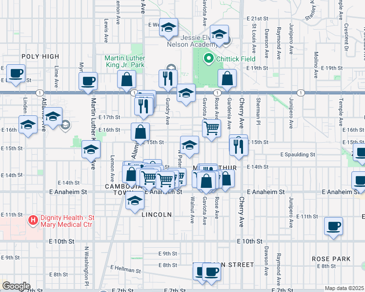 map of restaurants, bars, coffee shops, grocery stores, and more near 1480 North Peterson Avenue in Long Beach
