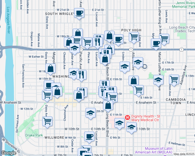 map of restaurants, bars, coffee shops, grocery stores, and more near 1532 Locust Avenue in Long Beach