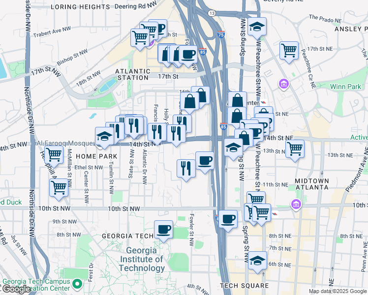 map of restaurants, bars, coffee shops, grocery stores, and more near 250 14th Street Northwest in Atlanta