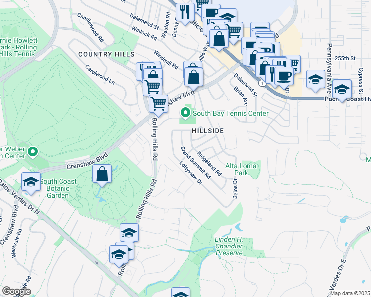 map of restaurants, bars, coffee shops, grocery stores, and more near 2715 Grand Summit Road in Torrance
