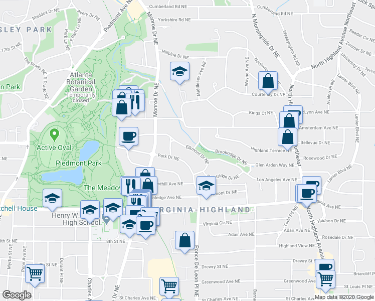 map of restaurants, bars, coffee shops, grocery stores, and more near 701 Elkmont Drive Northeast in Atlanta