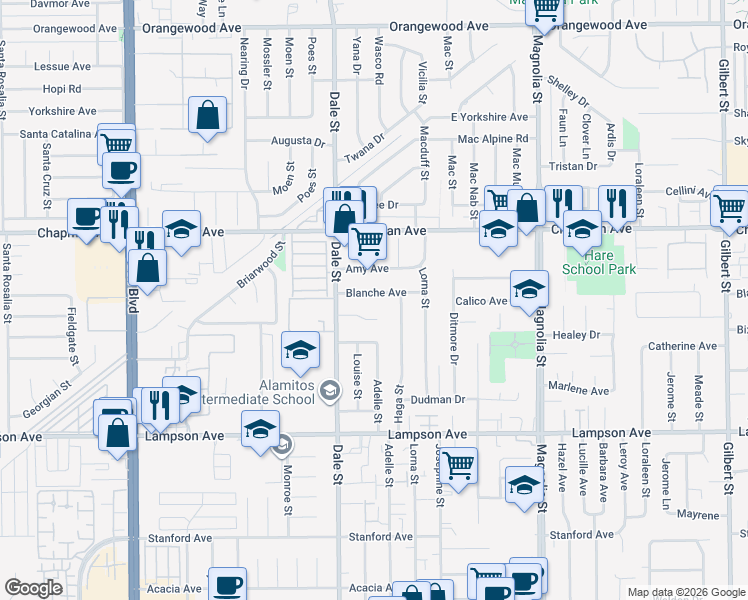 map of restaurants, bars, coffee shops, grocery stores, and more near 8582 Blanche Avenue in Garden Grove