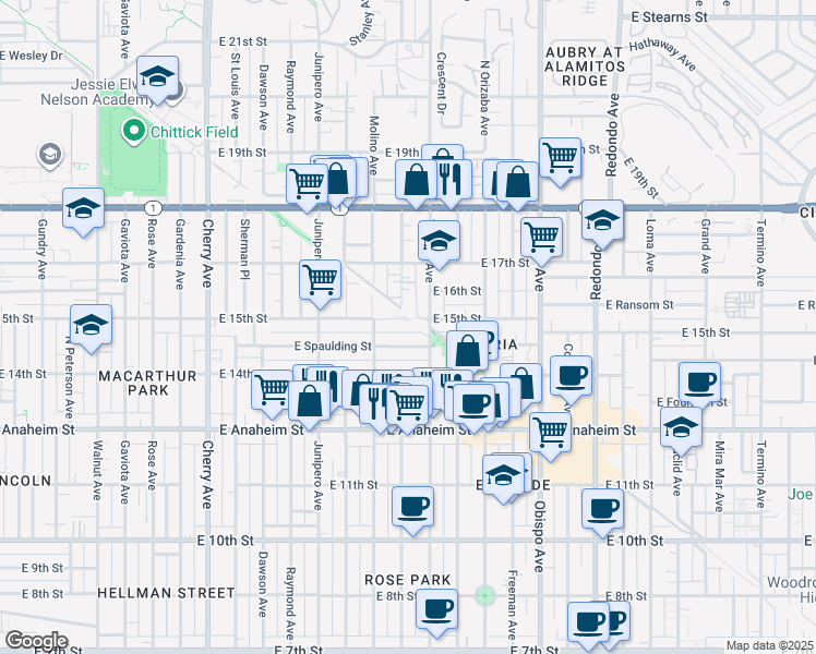 map of restaurants, bars, coffee shops, grocery stores, and more near 2706 East 15th Street in Long Beach
