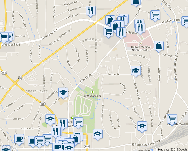 map of restaurants, bars, coffee shops, grocery stores, and more near 230 Knob Hills Circle in Decatur