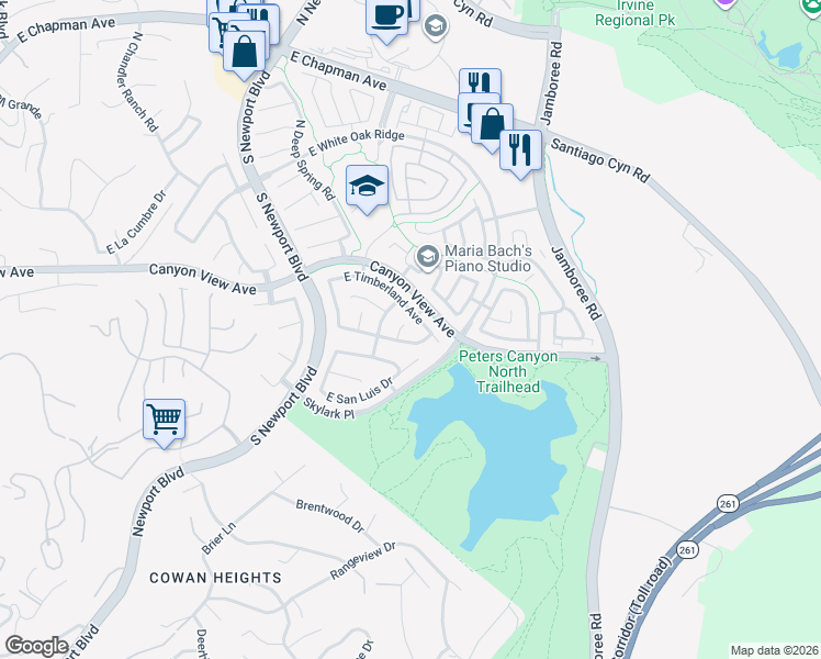 map of restaurants, bars, coffee shops, grocery stores, and more near 201 South Bayberry Street in Orange