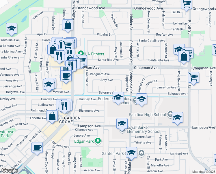 map of restaurants, bars, coffee shops, grocery stores, and more near 12161 Amethyst Circle in Garden Grove