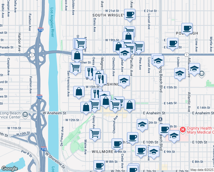 map of restaurants, bars, coffee shops, grocery stores, and more near 1487 Henderson Avenue in Long Beach