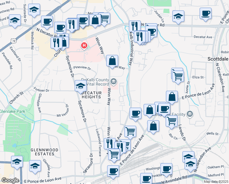 map of restaurants, bars, coffee shops, grocery stores, and more near 425 Winn Way in Decatur