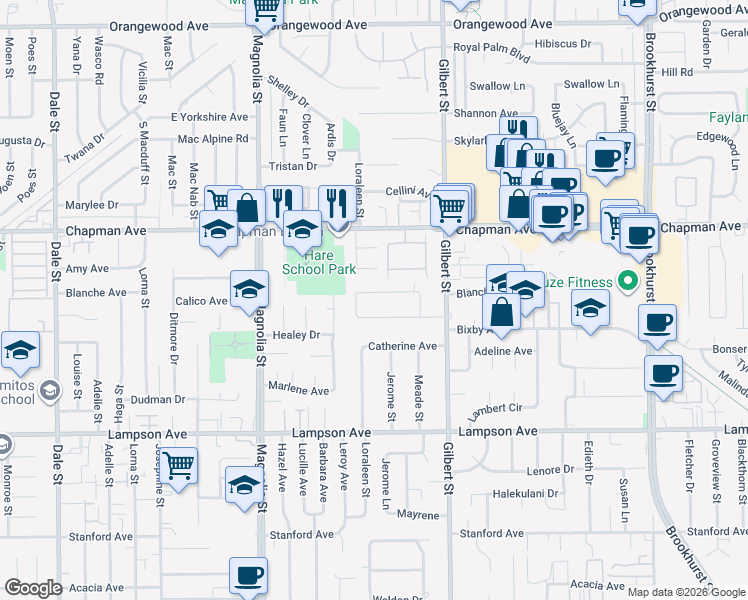 map of restaurants, bars, coffee shops, grocery stores, and more near 9272 Blanche Avenue in Garden Grove