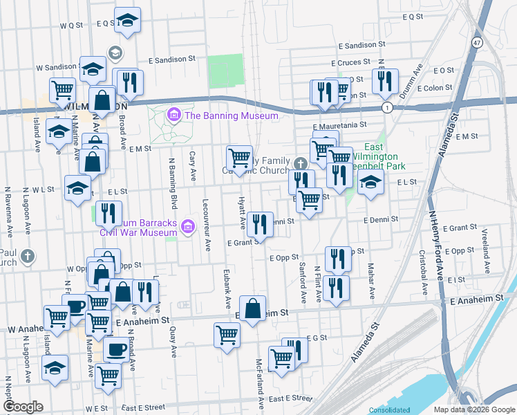 map of restaurants, bars, coffee shops, grocery stores, and more near 1127 McFarland Avenue in Los Angeles
